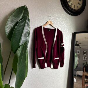F21 Burgundy Open Front Cardigan with White Trim - Women’s Size M